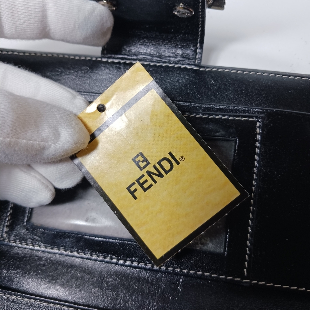 FENDI Zucchino canvas long wallet with button snap silver brass logo navy Blue - Picture 10 of 16